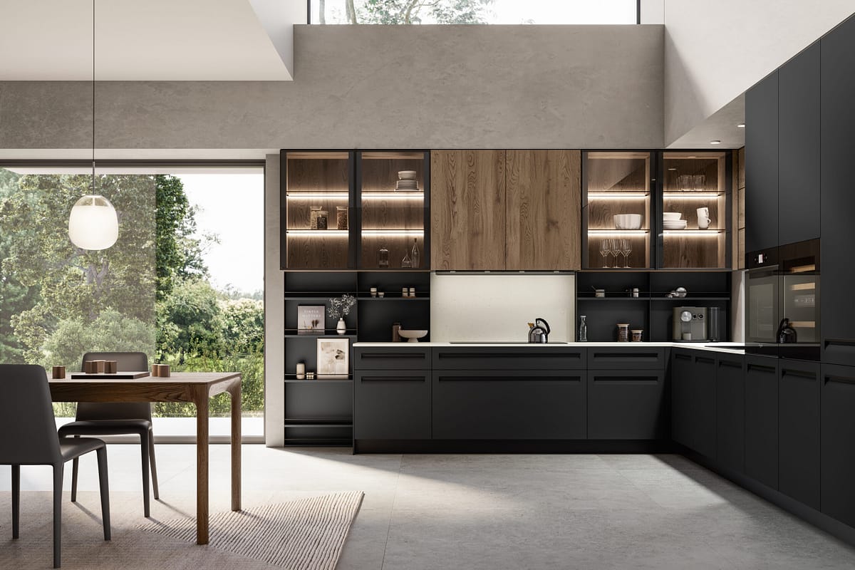 Miljöbild på ett måttanpassat kök. Köksluckor i laminat med integrerade handtag.