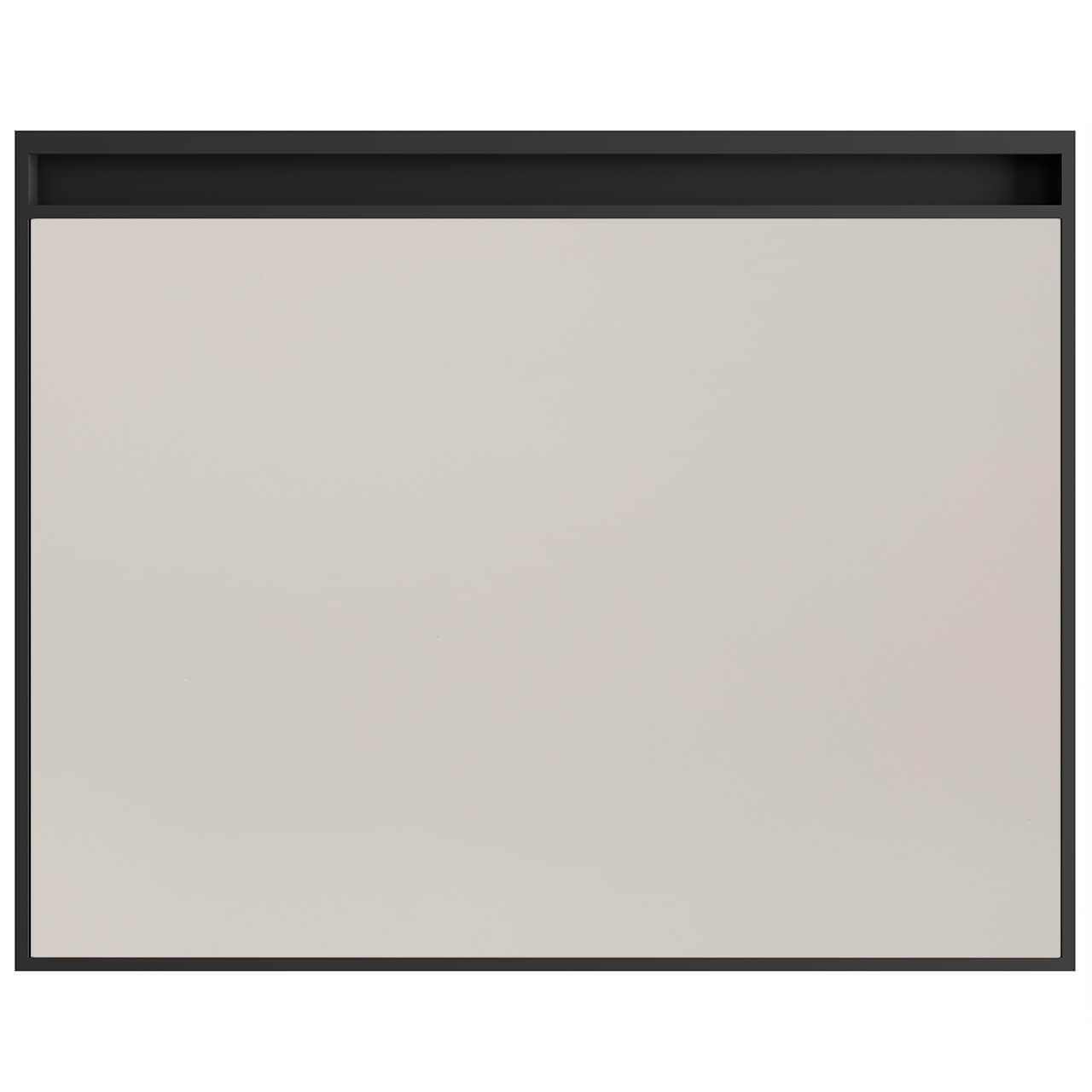 Närbild på kökslucka i laminat i en kall beige färg. Med integrerat handtag.