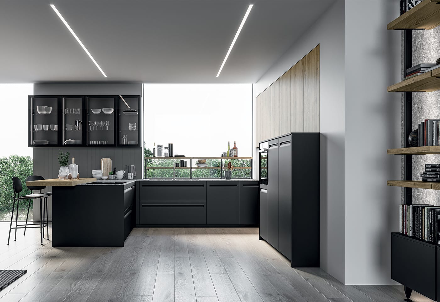 Miljöbild på svart måttanpassat kök. Köksluckor i laminat med integrerade handtag. Trädetaljer i köket.