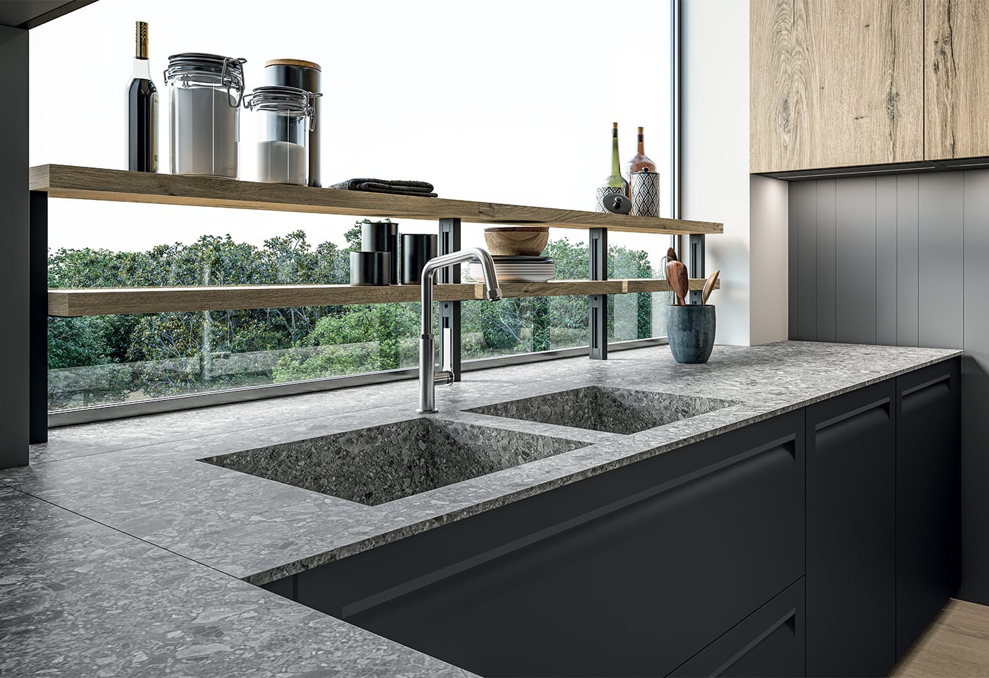 Miljöbild på ett måttanpassat kök. Köksluckor i laminat med integrerade handtag.