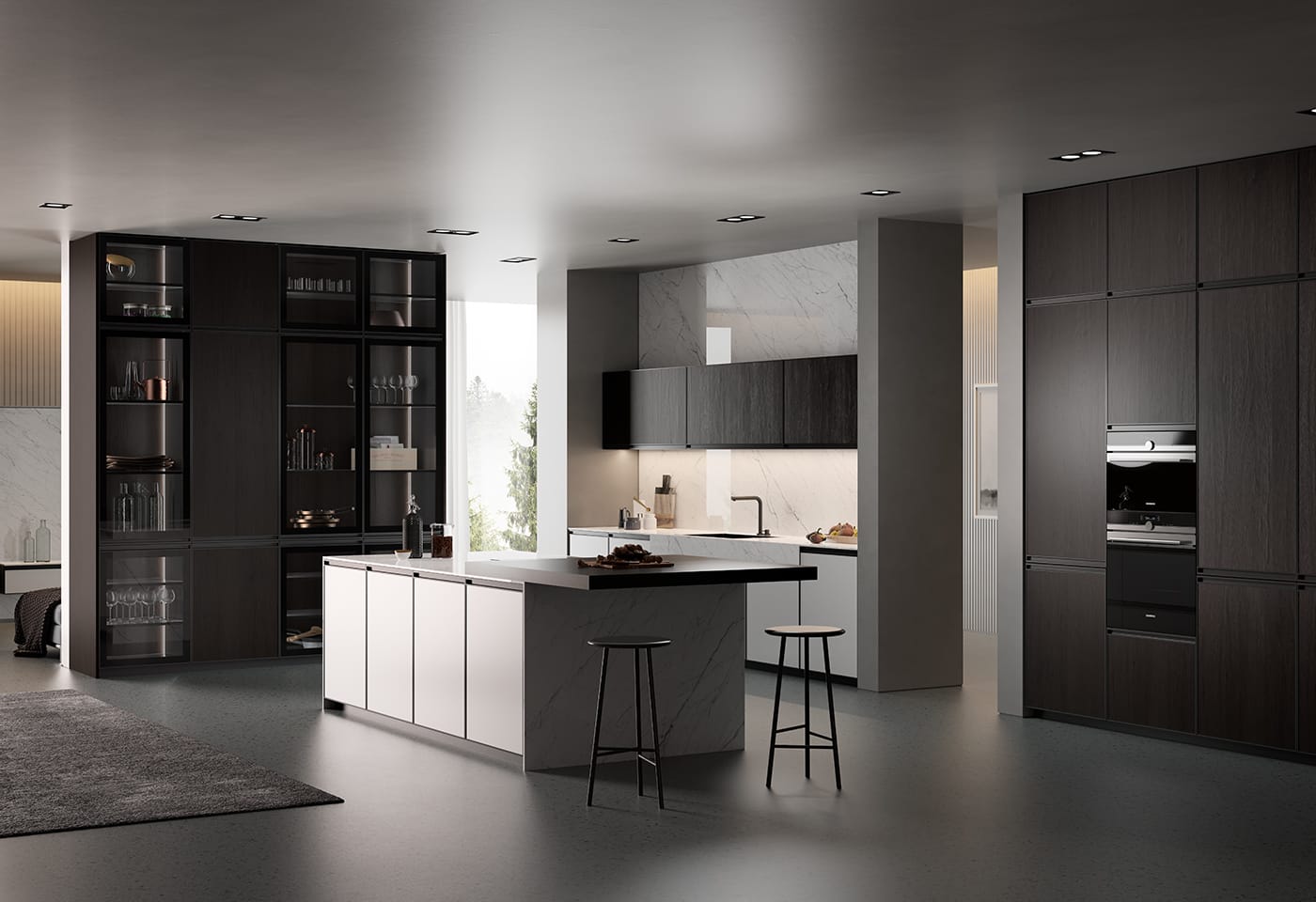 Platsbyggt kök, träkök, arkitektritat. Stor köksö i vit med bänkskiva i sten.