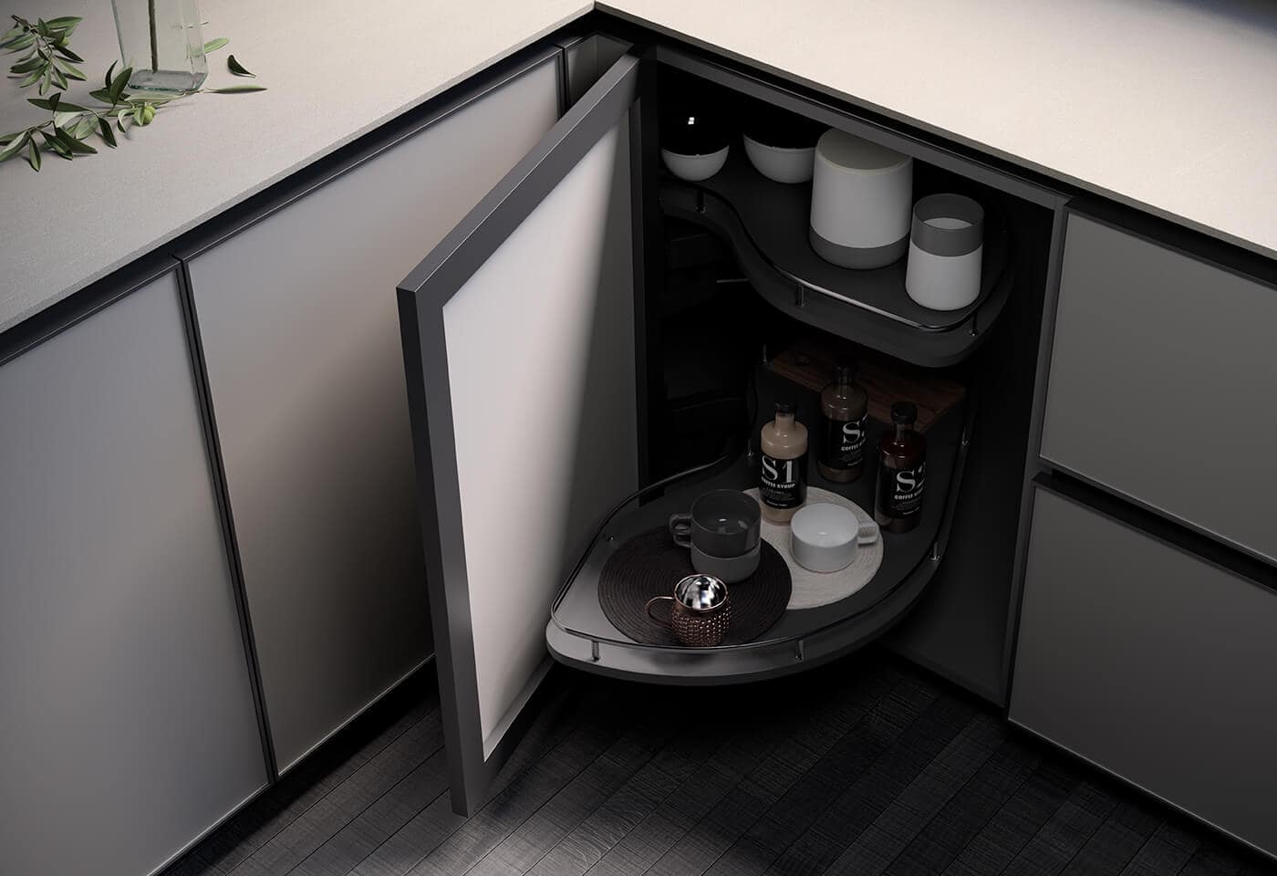 Närbild på kökslucka i laminat i en kall beige färg. Med integrerat handtag.