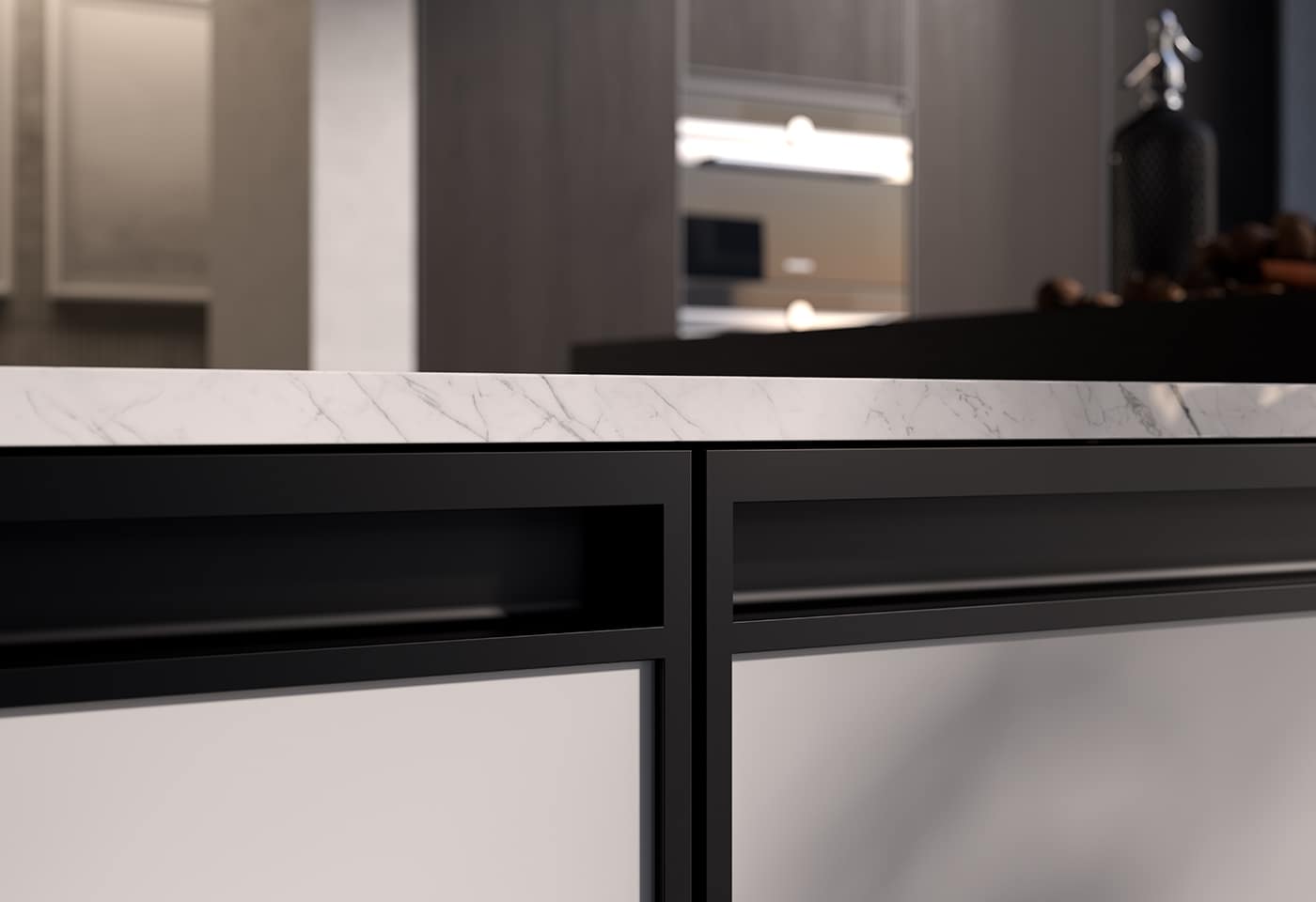 Närbild på kökslucka i laminat i en kall beige färg. Med integrerat handtag.