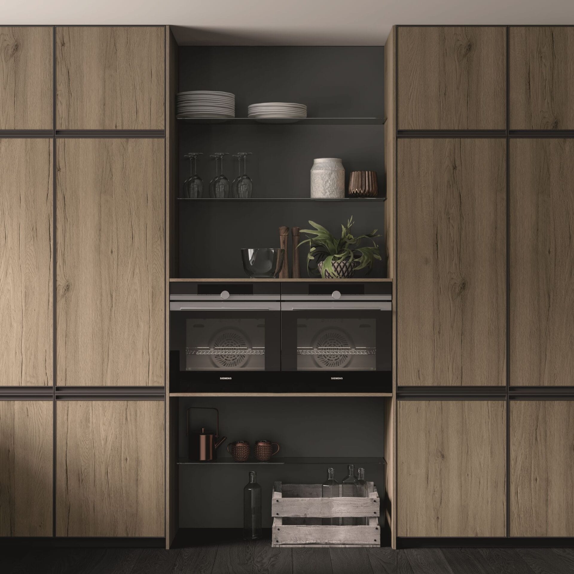 Köks högskåp i trä, med öppna hyllplan emellan.