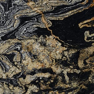 Produktbild på sten till bänkskiva, Orinoco Sensa från cosentino. En svart Sensa granit med guldiga mönster ådringar.