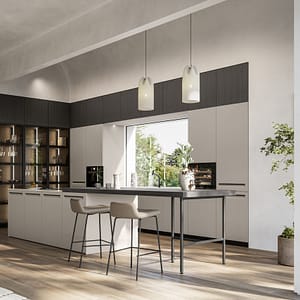 Miljöbild på ett måttanpassat kök. Köksluckor i laminat med integrerade handtag.