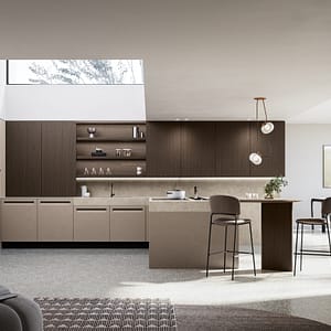 Miljöbild på ett måttanpassat kök. Köksluckor i laminat med integrerade handtag.