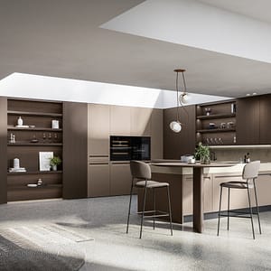 Miljöbild på ett måttanpassat kök. Köksluckor i laminat med integrerade handtag.