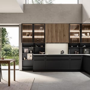 Miljöbild på ett måttanpassat kök. Köksluckor i laminat med integrerade handtag.