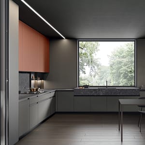 Platsbyggt kök i vitt med kökslucka med metallram.